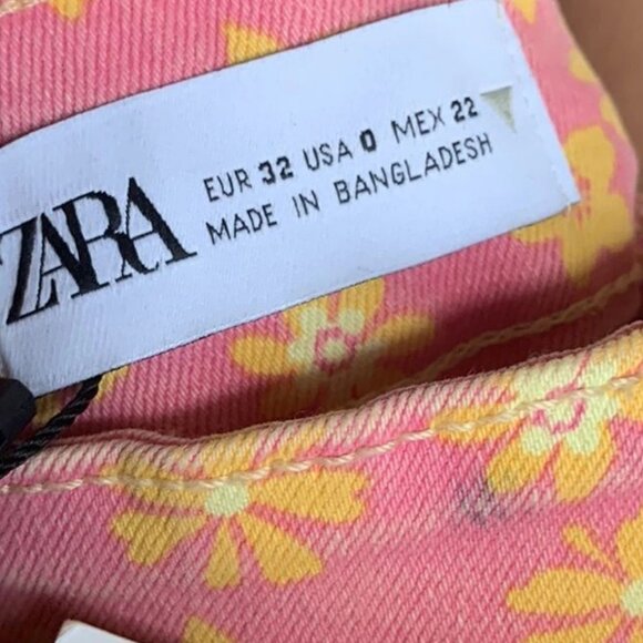 🦋 NWT 🌸 ZARA High Waist Stretch Flared Leg Flower Print Jeans Pink Yellow Sz 0 - Picture 7 of 7